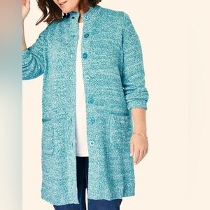 Woman Within Teal Cardigan Sweater